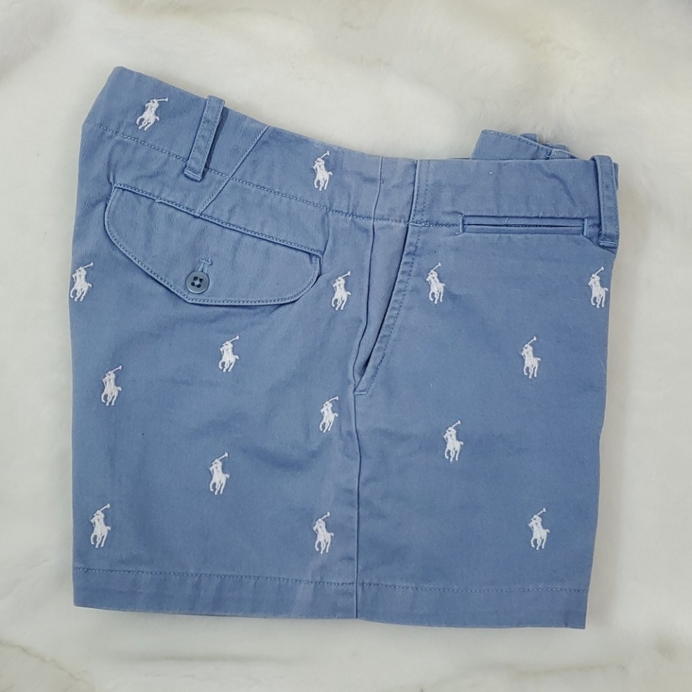 Ralph Lauren Blue Chino Shorts White Pony Embroidered Size 2 Women Y2K